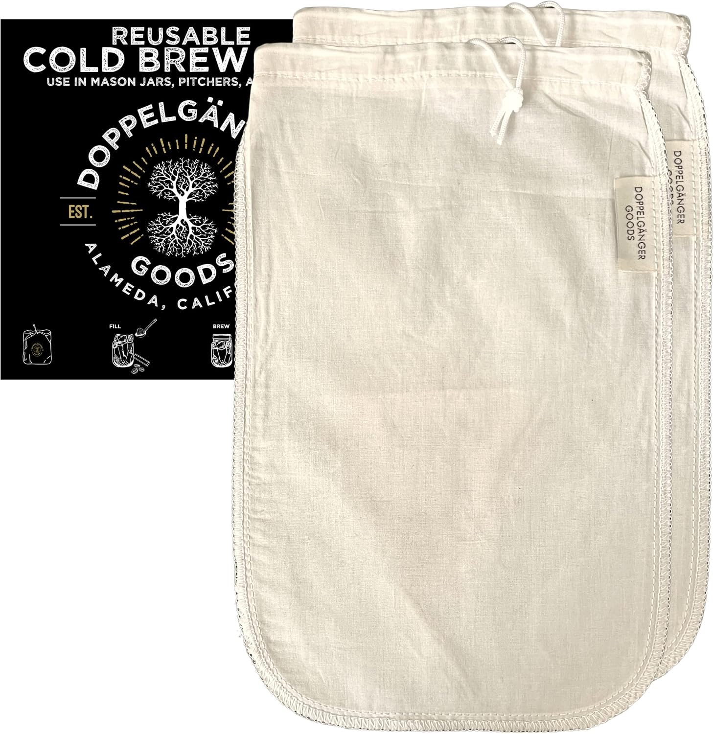 Reusable Cold Brew Coffee Bag 2-Pack Medium 8x12in Organic Cotton