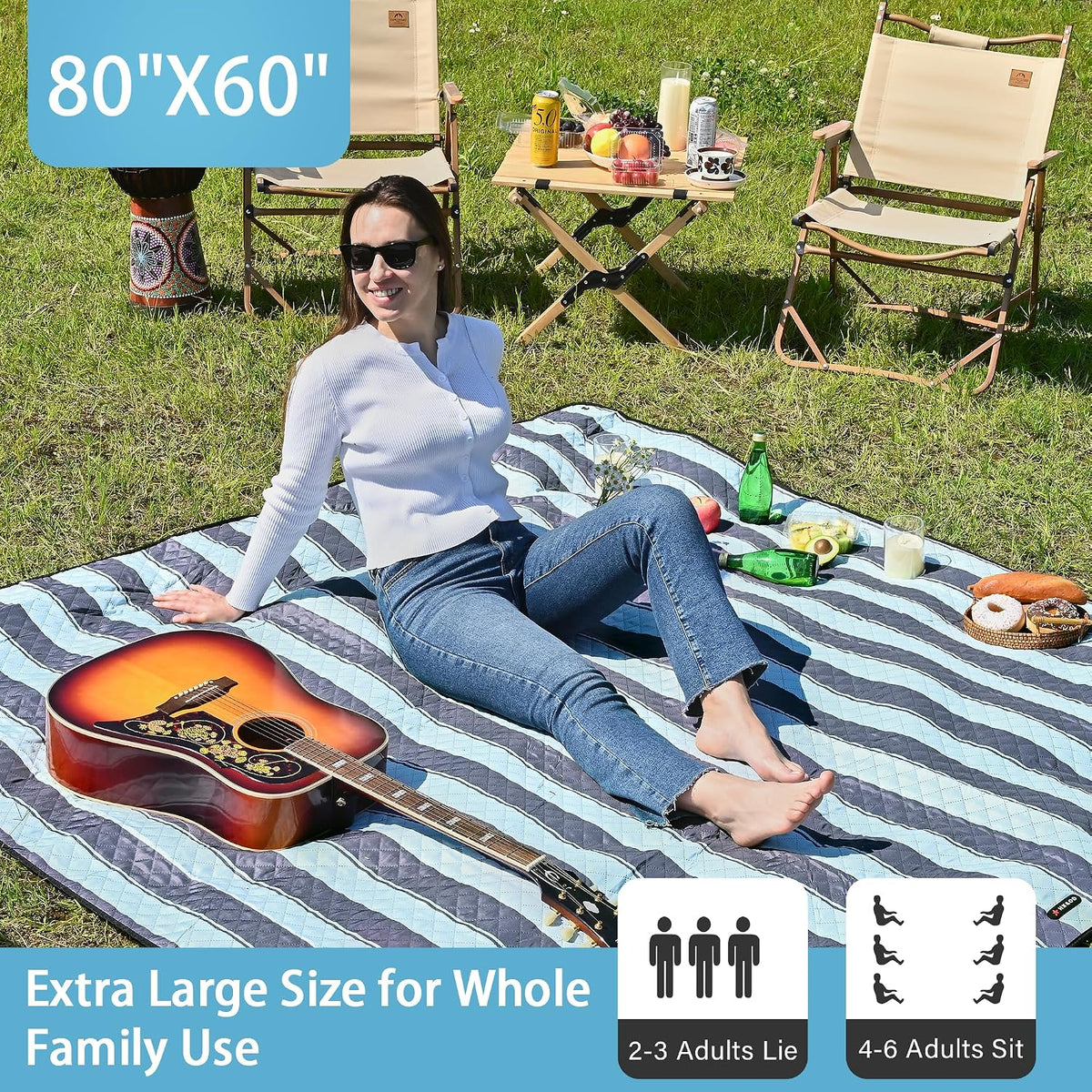 HX&OD Outdoor Picnic Blanket Extra Large, 80''*60'' Waterproof Picnic Mat with Stakes Foldable Camping Blanket Portable with Carry Strap for Beach Mat (Green& White, 80''*60'')