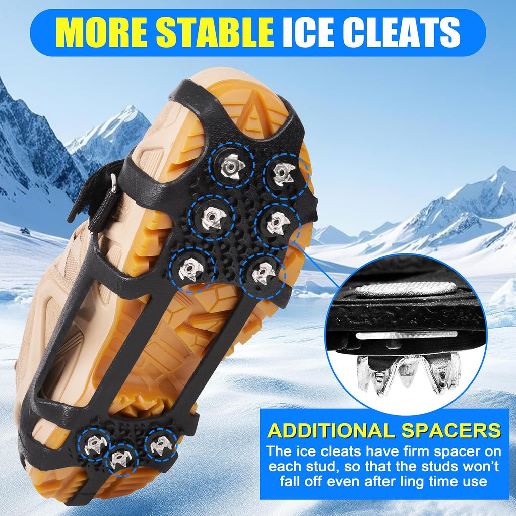 Ice Snow Cleats for Shoes and Boots 9 Studs Crampons Shoe Spikes for Snow and Ice Non-Slip Ice Shoes Grippers with Adjustable Straps Overshoe for Women Men Kids Hiking Walking Ice Fishing