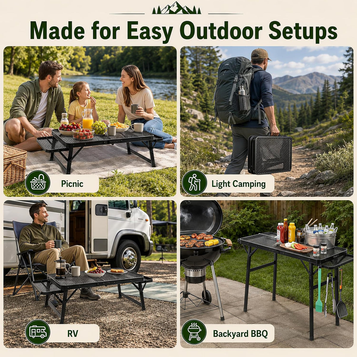 2.5 FT Picnic Table with 2 Wing Panels, Mesh Metal Folding Grill Table Height Adjustable & Lightweight & Portable Table for Outdoor Indoor Camping, Picnic, Beach and BBQ, RV