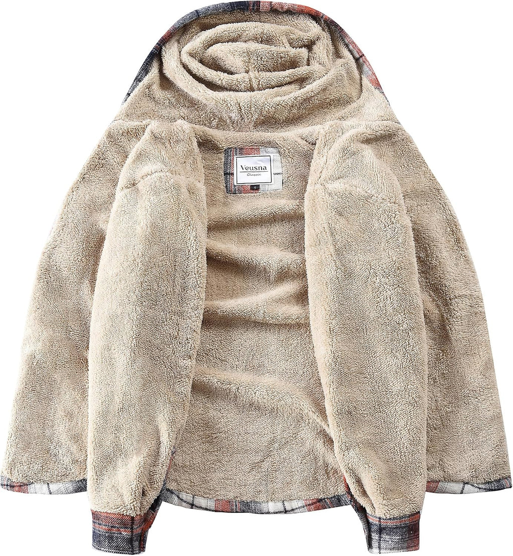 Men's Zip Up Flannel Shirt Jacket Fleece Lined with Hood