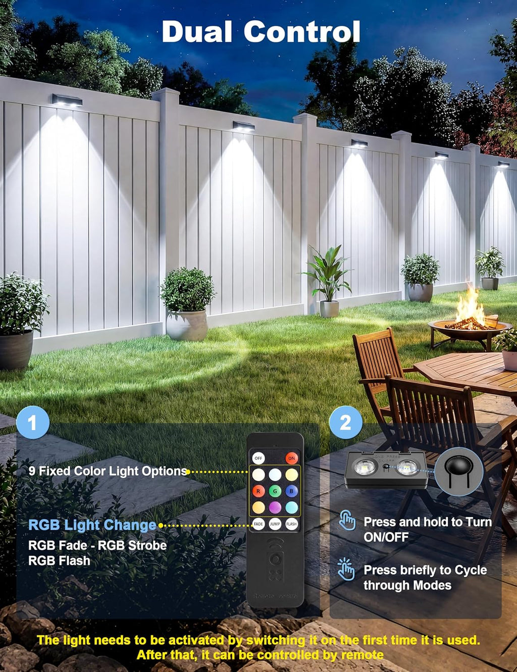 JOFIOS Fence Lights Solar Powered with Remote 12 Pack, Warm White, Cool White and RGB Color Glow LED Solar Lights Outdoor, Dusk to Dawn Solar Fence Lights for Patio, Backyard, Railing, Deck, and Wall