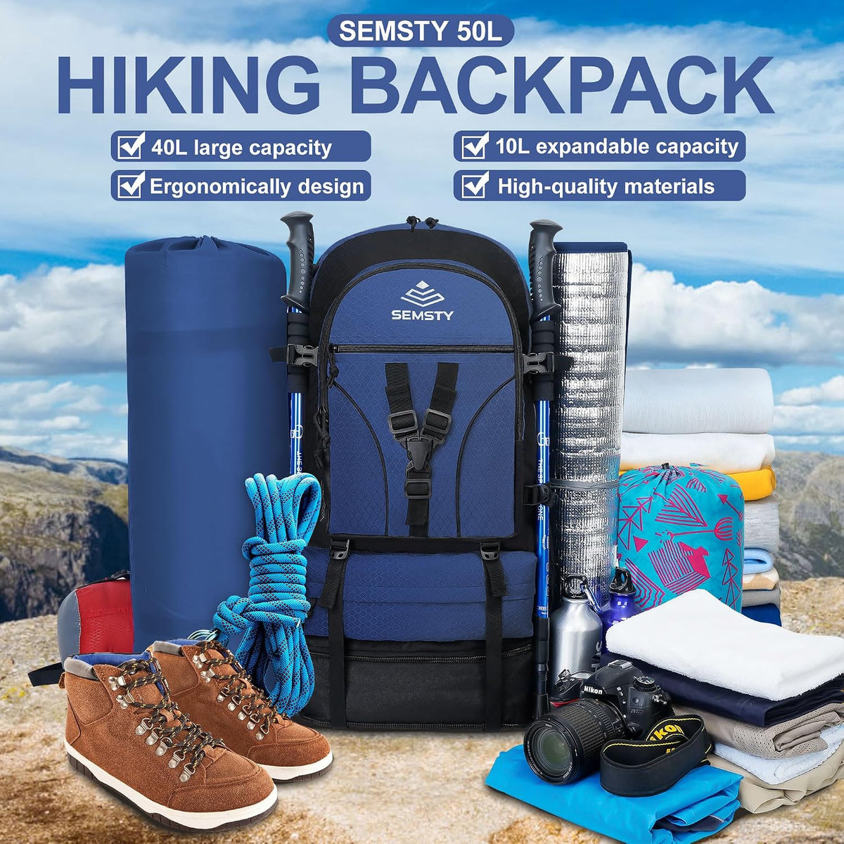 40L/50L Expandable Hiking Backpack for Men & Women，Camping Backpack