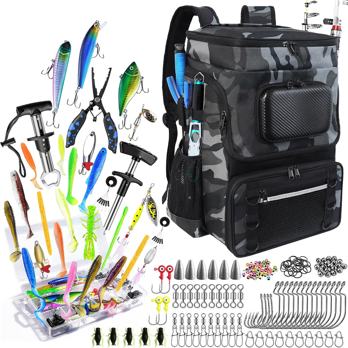 Fishing Backpack with Rod Holder and Tackle Boxes, Cooler, Large 50L Fishing Gear Bag with 139 Fishing Lures Kit, Fish Tool Set, Fish Gifts for Men Woman-Grey Backpack