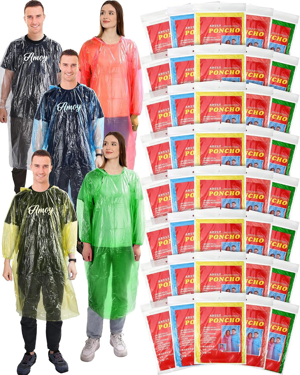 Tarpop 40 Pack Disposable Rain Ponchos Adult Drawstring Hood