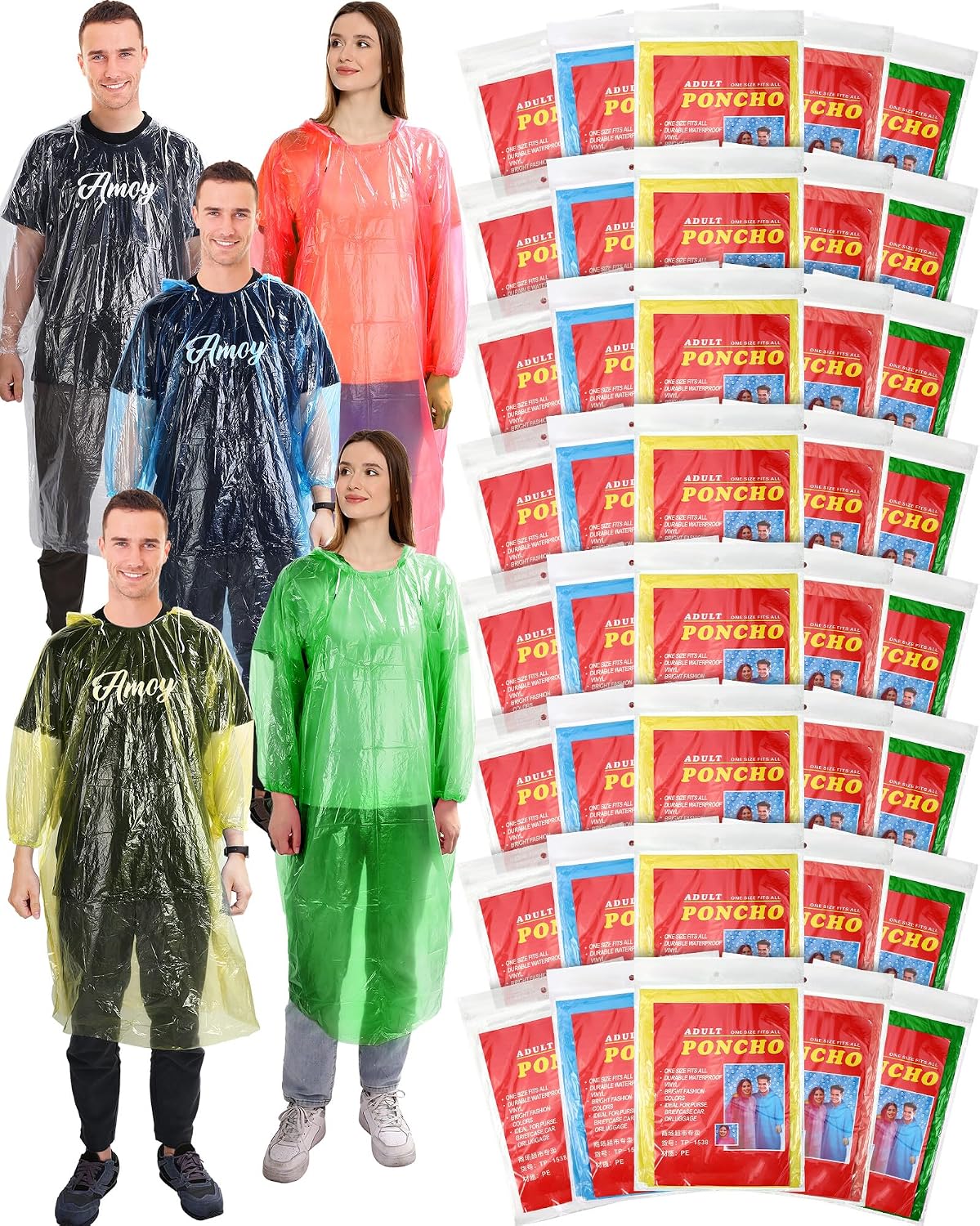 Tarpop 40 Pack Disposable Rain Ponchos Adult Drawstring Hood