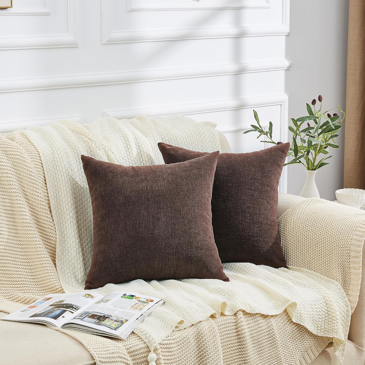 GAWAMAY Decorative Square Throw Pillow Covers 18x18 Inch Set of 2, Super Soft Chenille Pillows Cover Fall Pillowcase for Living Room Bedroom Sofa Couch Cushion Cover Coffee 45x45cm (No Inserts)