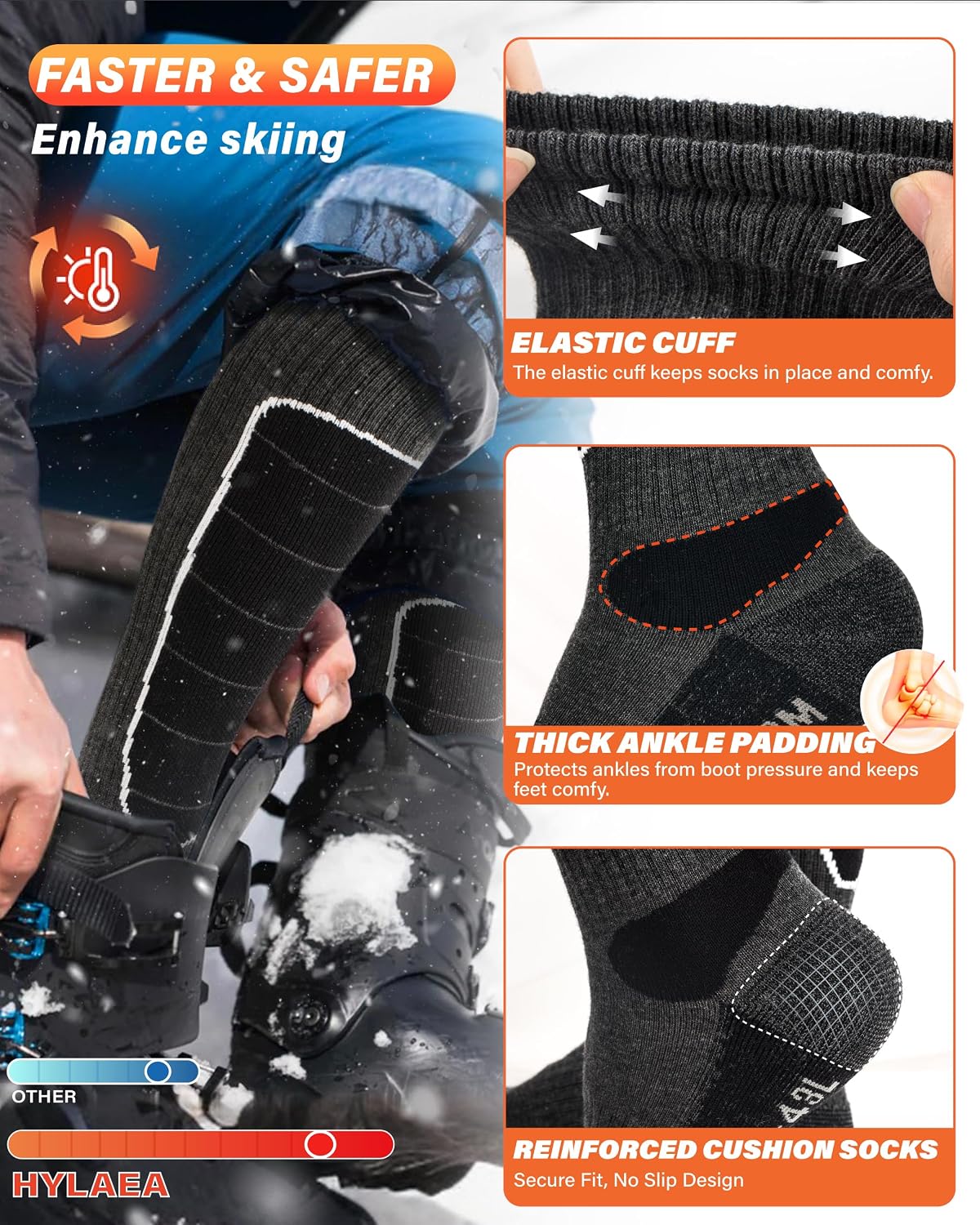 Hylaea Unisex Knee High Merino Wool Ski Snowboard Socks, Cushioning & Warm