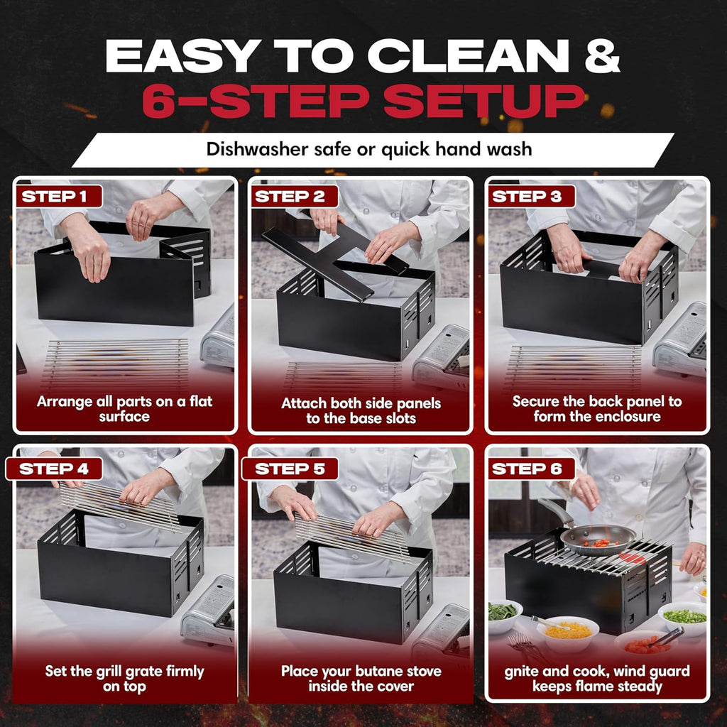 Chef Master Butane Stove Cover - Universal Fit for Any Standard Size - Premium Black Steel Collapsible Camp Wind Guard - Camping Windscreen & Grill Wind Blocker Panel - Outdoor Cooking Accessory 90278