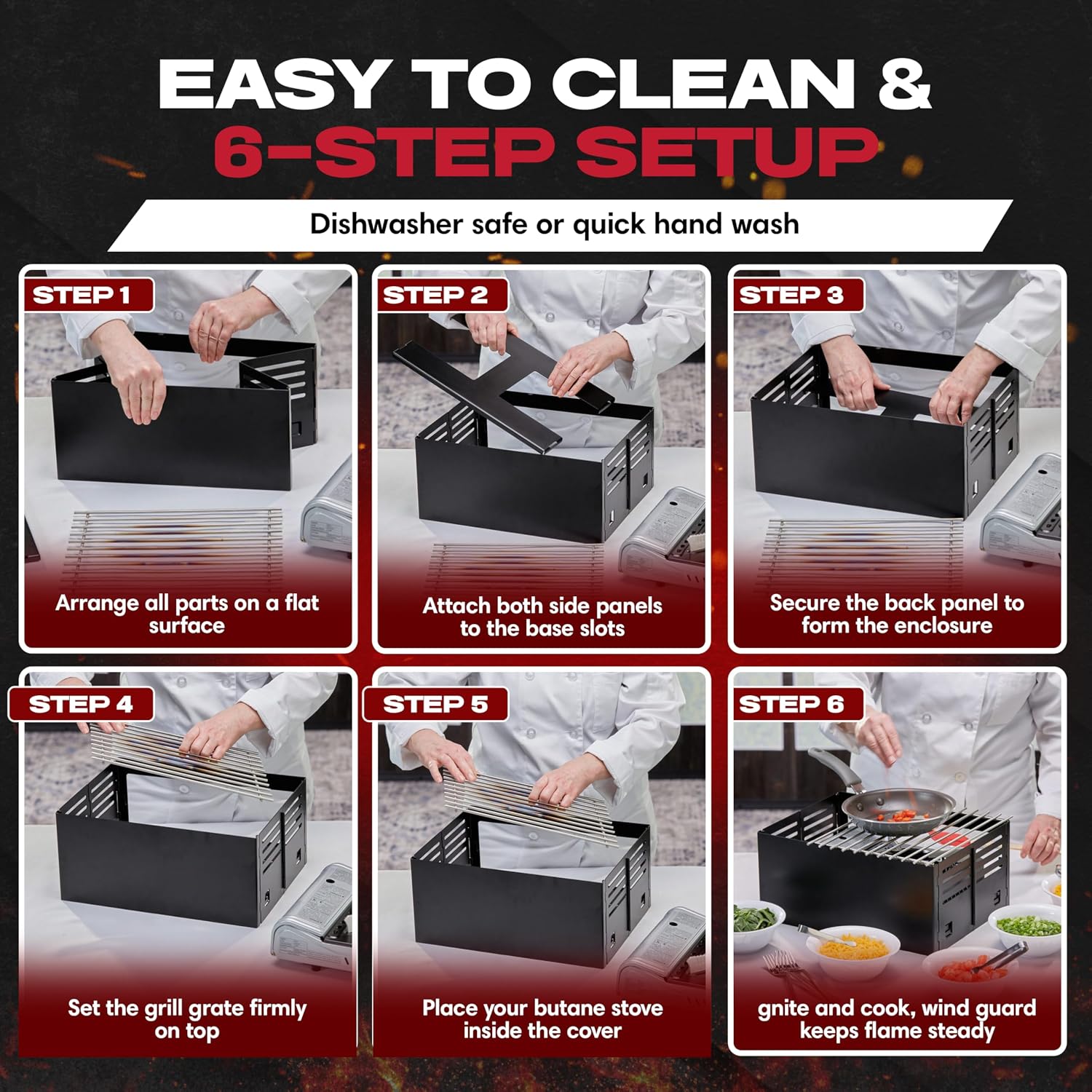 Chef Master Butane Stove Cover - Universal Fit for Any Standard Size - Premium Black Steel Collapsible Camp Wind Guard - Camping Windscreen & Grill Wind Blocker Panel - Outdoor Cooking Accessory 90278