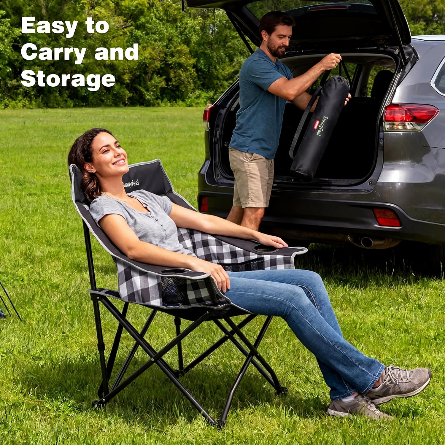 SUNNYFEEL Padded Oversized Camping Chairs for Adults, Heavy Duty Portable Folding Chair with Carry Bag, Side Pockets & Cup Holder, Supports 300 lbs, for Tailgating Hiking Picnic Backyard Black