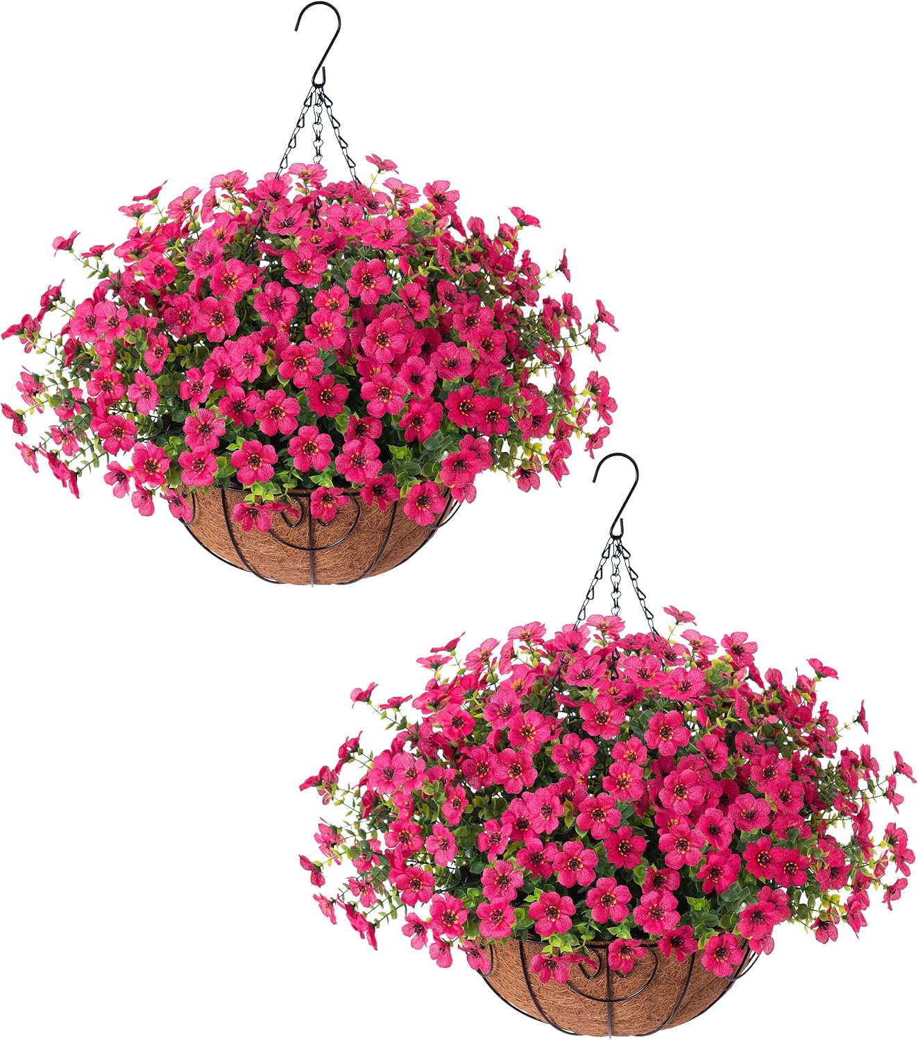 HyeFlora 2 Set Artificial Outdoor Faux Fall Mums Hanging Flowers Plants Basket Outside, 14 Bundles Fake Silk Daisy Fern in Planter UV Resistant for Autumn Porch Balcony Patio Yard Decor, 3 Colors Mix