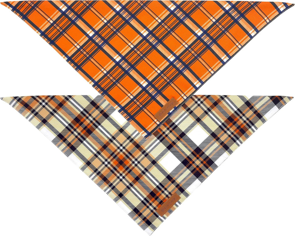Realeaf Fall Dog Bandanas 2 Pack, Reversible Orange Plaid Holiday Pet Scarf for Boy and Girl, Premium Durable Fabric, Halloween Thanksgiving Bandana for Medium and Large Dogs (Large)
