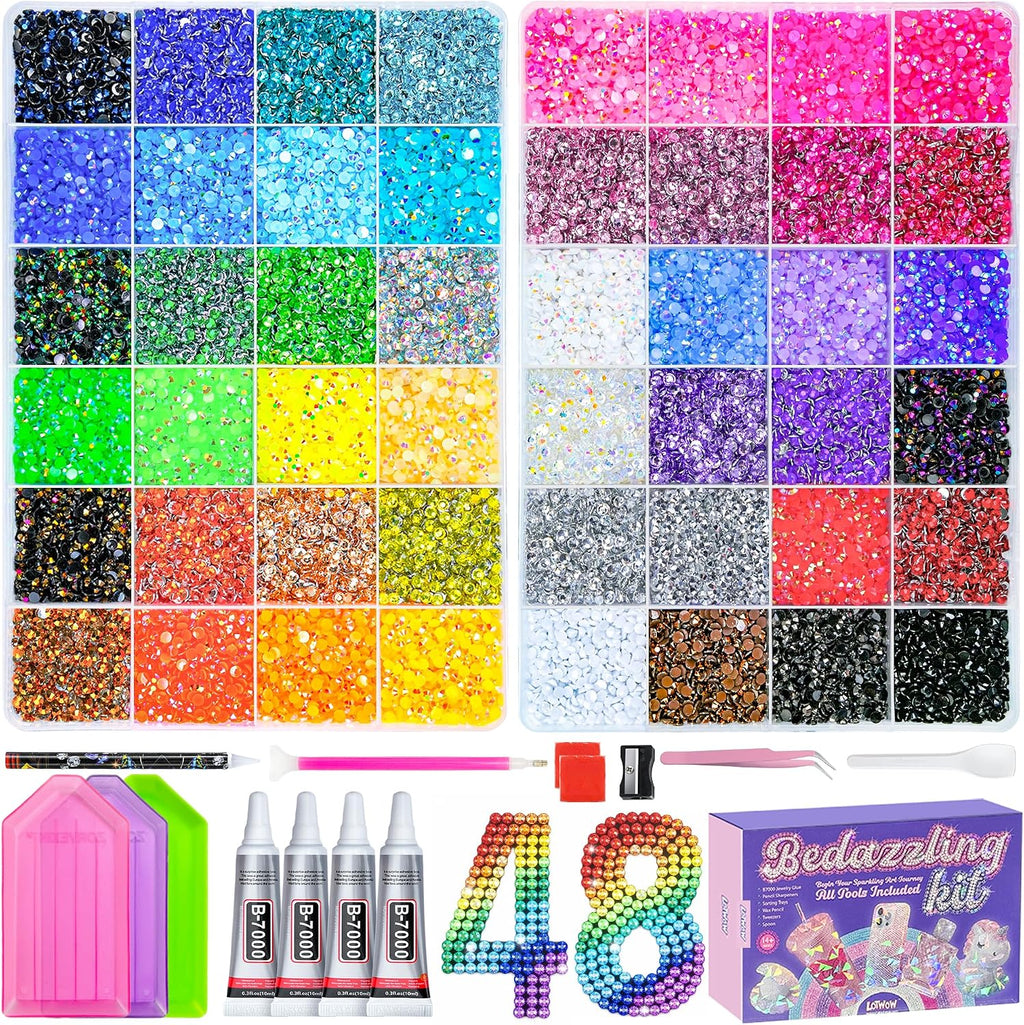 70000Pcs 48 Colors Bedazzling Kit 2 Boxes with Rhinestones, 3mm Resin Flatback Rhinestones with 4 Pcs B7000 Jewelry Glue & Tools, Diamond Art All-in-One Bedazzling Kit for DIY Arts & Crafts Gifts