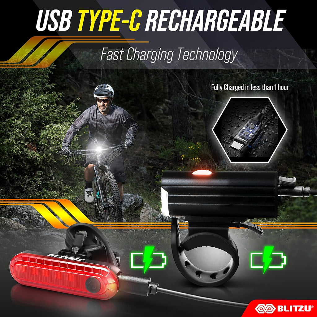 BLITZU USB-C Rechargeable Bike Lights Set, LED Bicycle Front & Rear Light