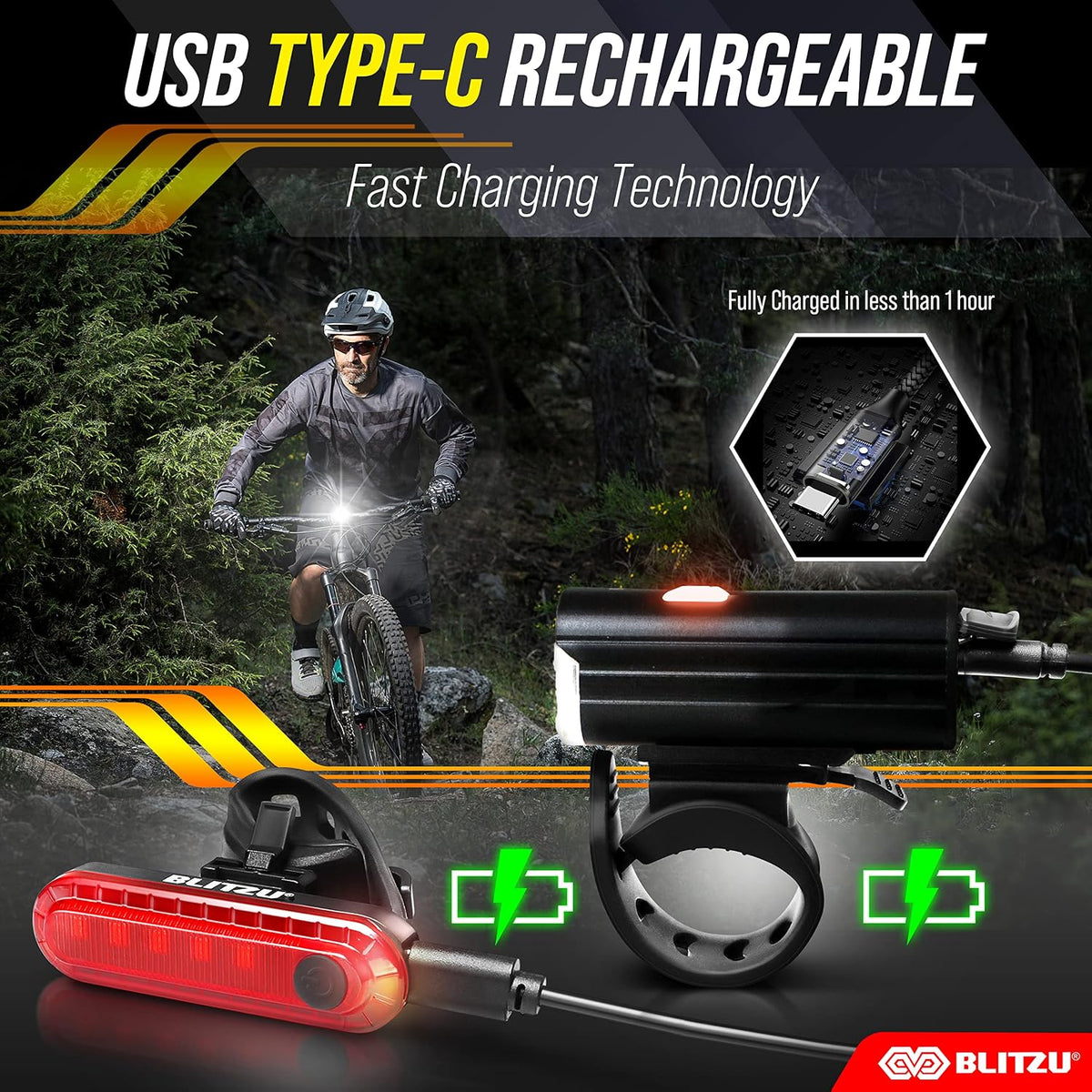 BLITZU USB-C Rechargeable Bike Lights Set, LED Bicycle Front & Rear Light