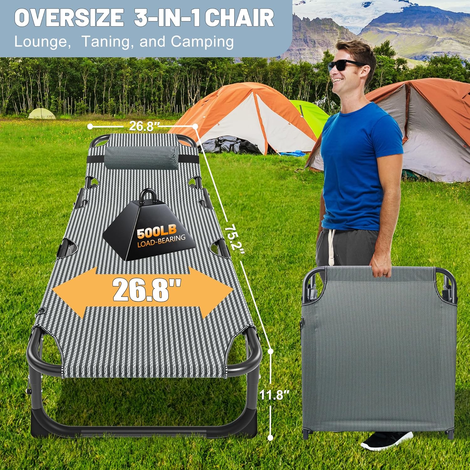 Slsy Camping Cot, 5-Position Adjustable Lounge Chair for Outdoor & Indoor