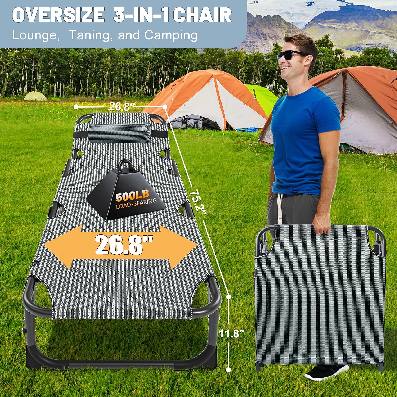 Slsy Folding Camping Cot for Adults, Adjustable Camping Bed with Pad