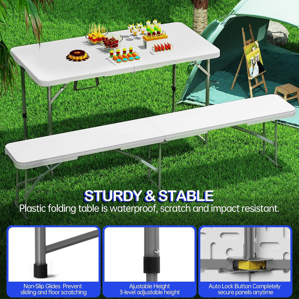 VSOAEIL 4 FT Folding Table 2 Pack Plastic Foldable Table Adjustable Height