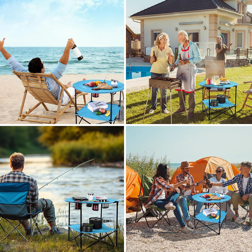 VILLEY Folding Camping Table, Double-Layer Round Camp Table with Carry Bag