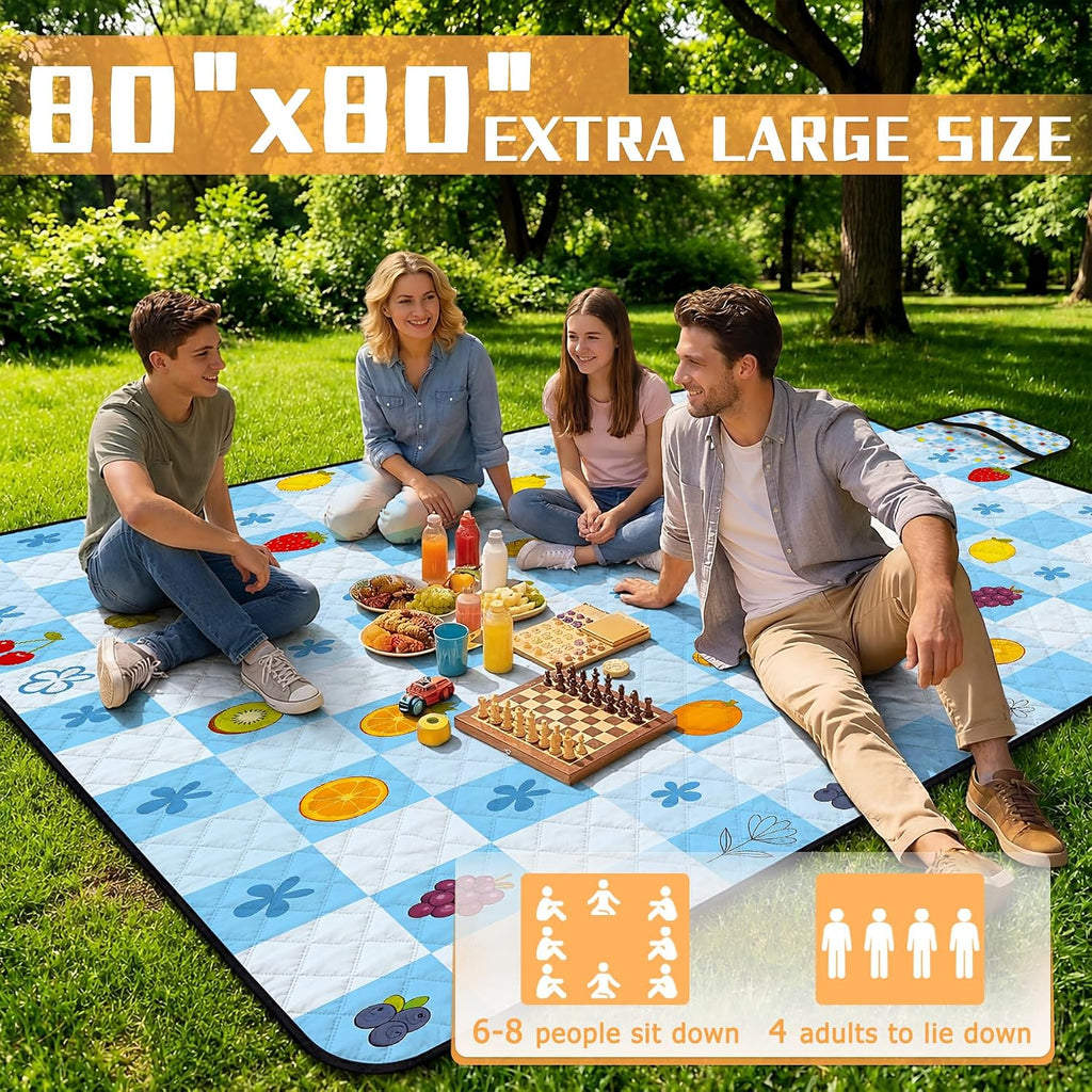 Picnic Blankets Outdoor Blanket,80"x 80" Extra Large Waterproof Sandproof Foldable Beach Blanket Grid Picnic Mat for Camping,Lawn,Park(Light Blue)
