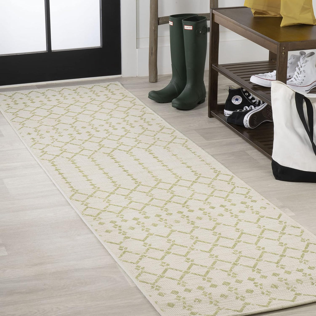 JONATHAN Y Moroccan Geometric Indoor Outdoor Runner Rug 2X8 Cream/Green, Ourika Textured Weave for Backyard, Patio, Porch, Easy-Cleaning, High Traffic, Pet-Friendly, Non-Shedding (SMB108M-28)