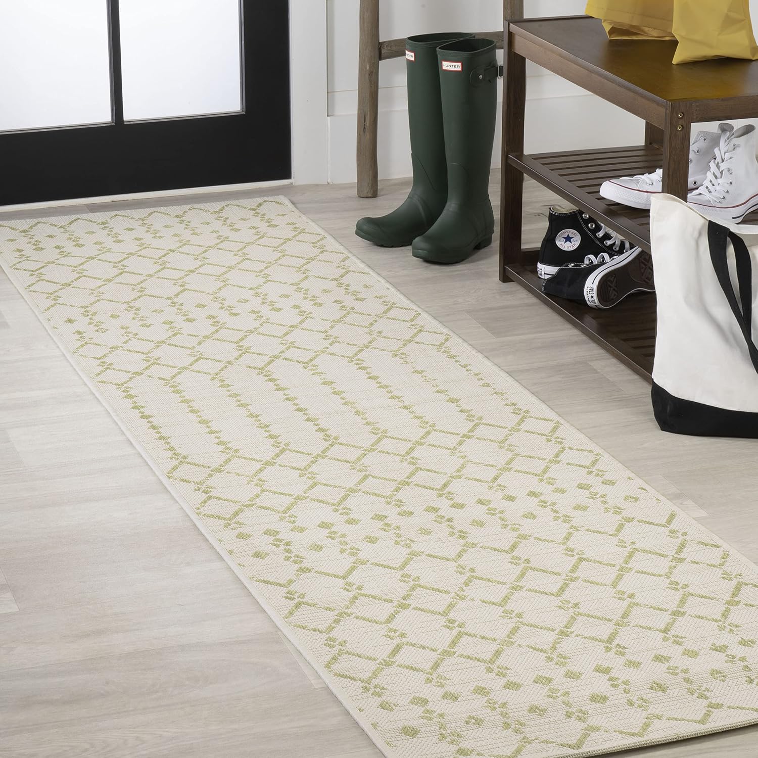 JONATHAN Y Moroccan Geometric Indoor Outdoor Runner Rug 2X8 Cream/Green, Ourika Textured Weave for Backyard, Patio, Porch, Easy-Cleaning, High Traffic, Pet-Friendly, Non-Shedding (SMB108M-28)