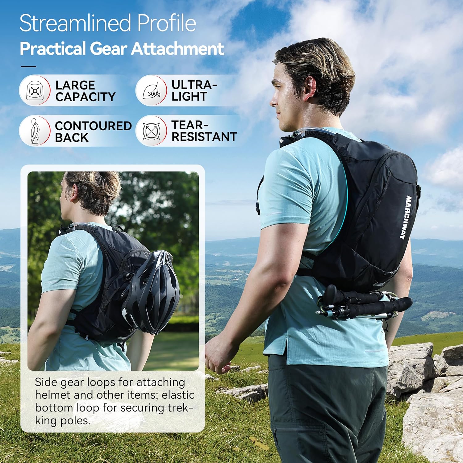 MARCHWAY Ultralight Hydration Backpack with 3L TPU Water Bladder, Sleek High-Capacity Day Pack for Cycling, Hiking, Running, Backpacking, Travel