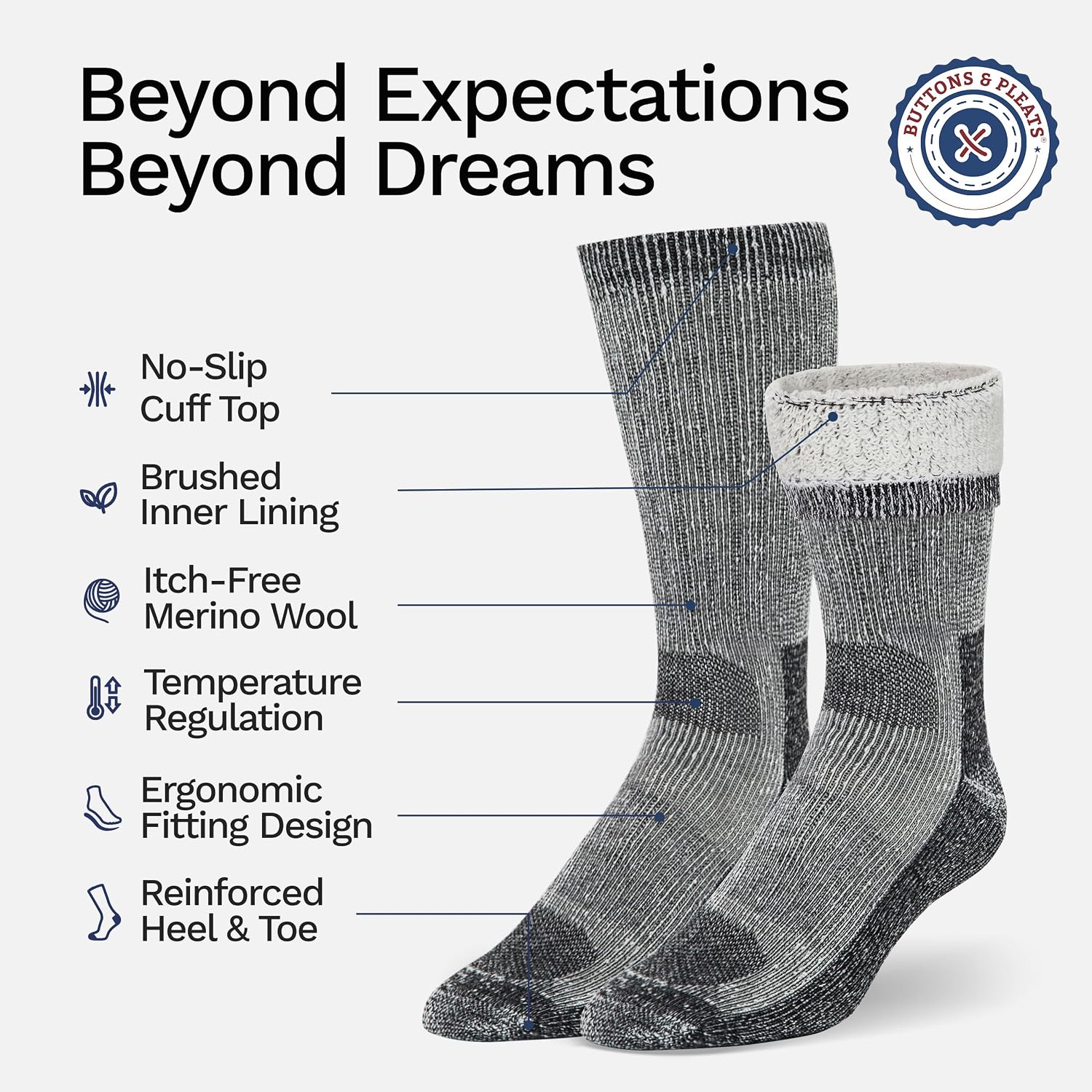 Buttons & Pleats Wool Socks for Men & Women Merino Thermal Warm Cozy Winter Boot Sock
