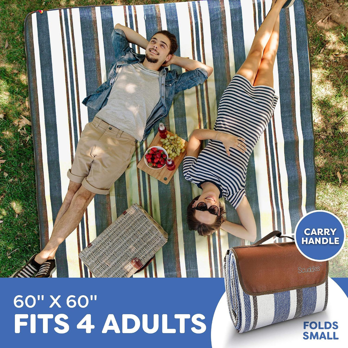 scuddles Waterproof Picnic Blanket 60" x 60" for Beach, Camping and Travel