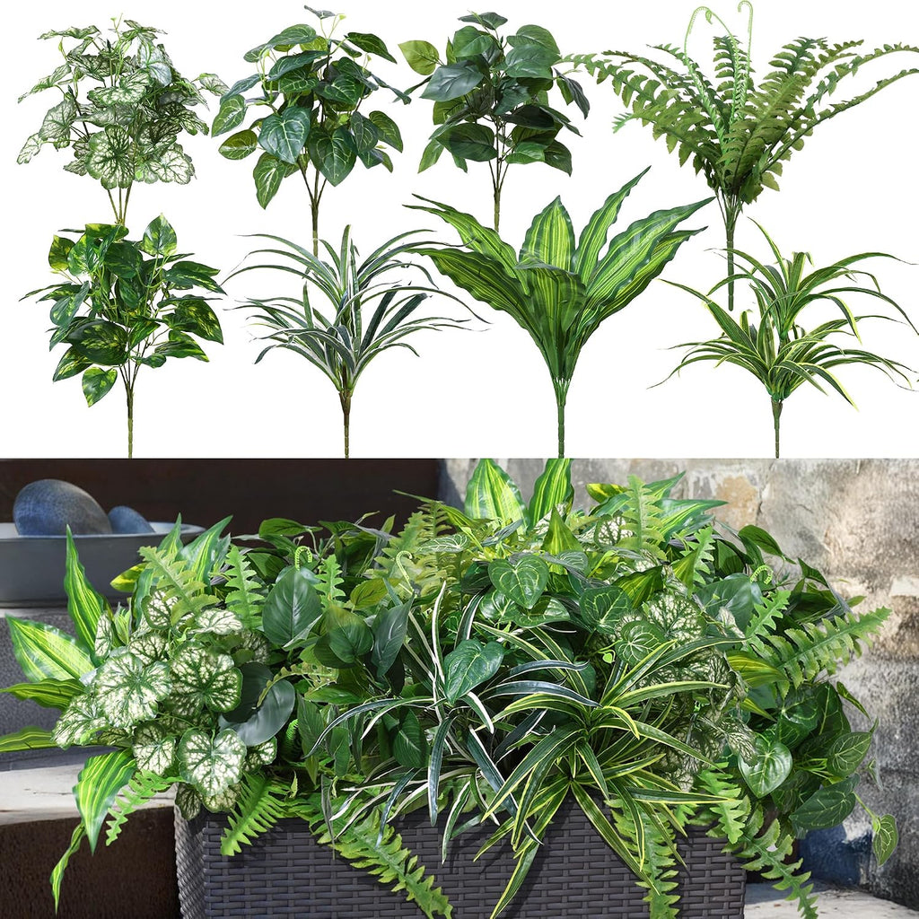 Starttag Artificial Bunches Greenery Plants Fake Plastic Leaves with Stems UV Resistant Outside Faux Plants Bushes for Outdoor Patio Garden Front Porch Yard Decor