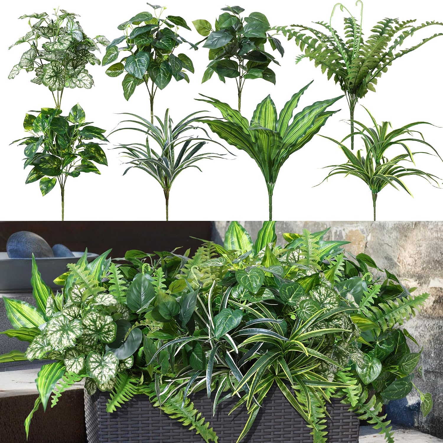 Starttag Artificial Bunches Greenery Plants Fake Plastic Leaves with Stems UV Resistant Outside Faux Plants Bushes for Outdoor Patio Garden Front Porch Yard Decor