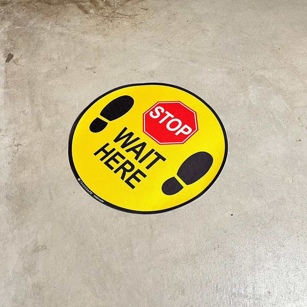 TRADESAFE Stop - Wait Here Anti-Slip Floor Sticker - Wait Here Floor Sign, Peel and Stick Adhesive Vinyl Sign, ANSI-Compliant, 17” Diameter Round Sticker