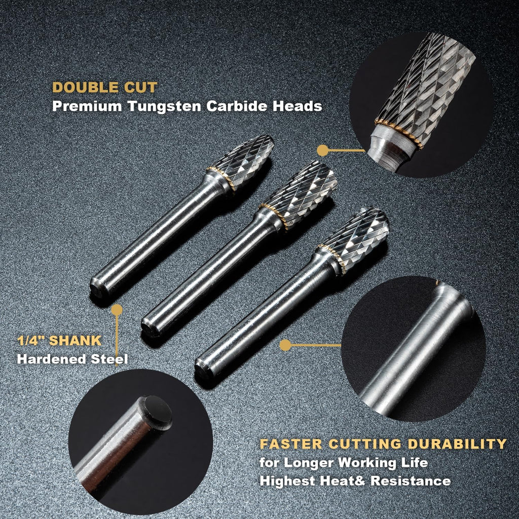 HIDOTOL Carbide Burr Set 1/4" Shank 10PC Tungsten Double Cut Carbide Rotary Burr Set for Metal and Wood Carving, Grinding, Polishing, Engraving, Drilling in Plastic Box.