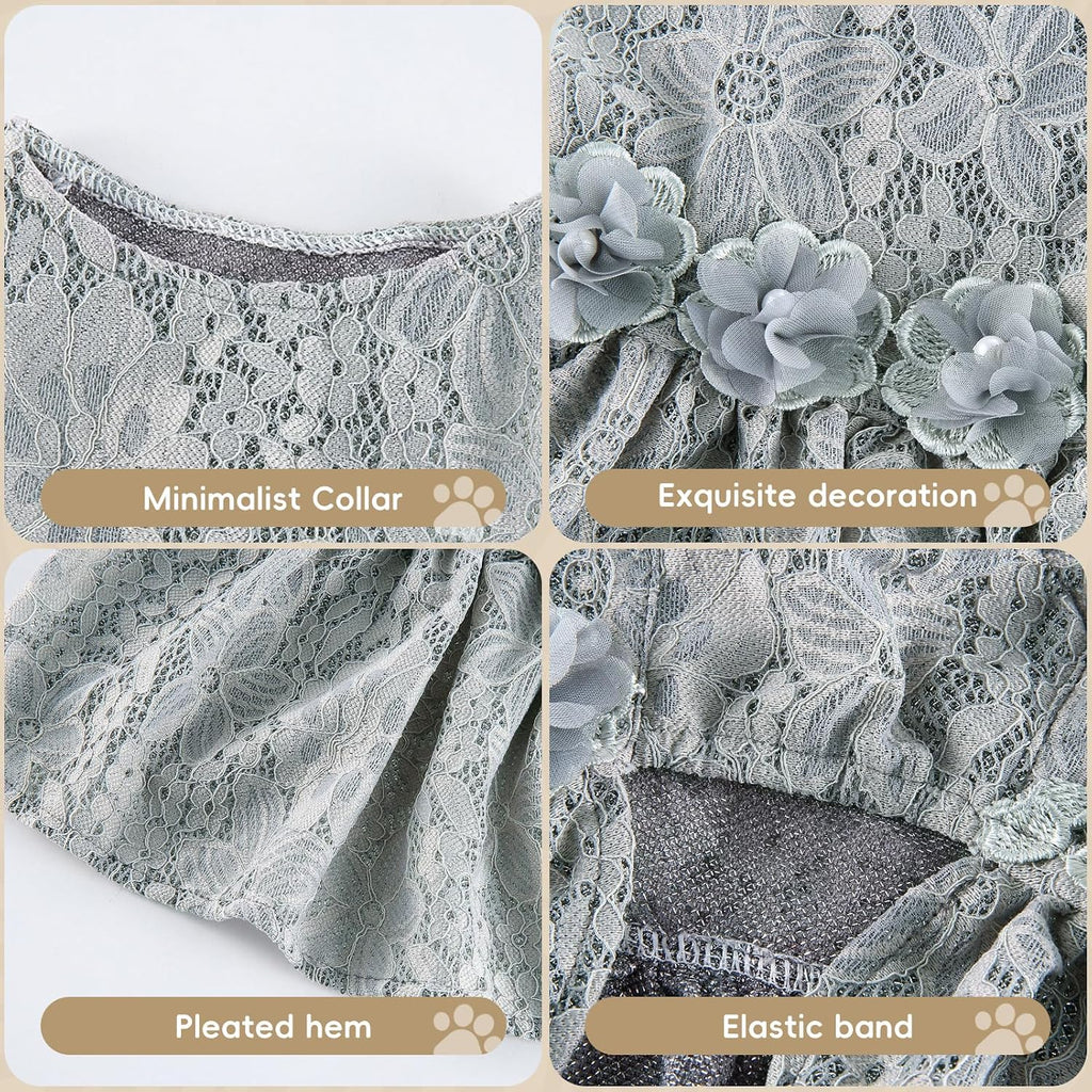 Fancy Cute Small Dog Dress for Girl - Elegant Lace Pet Dress with Floral Accents Puppy Apparel (Gray, M)
