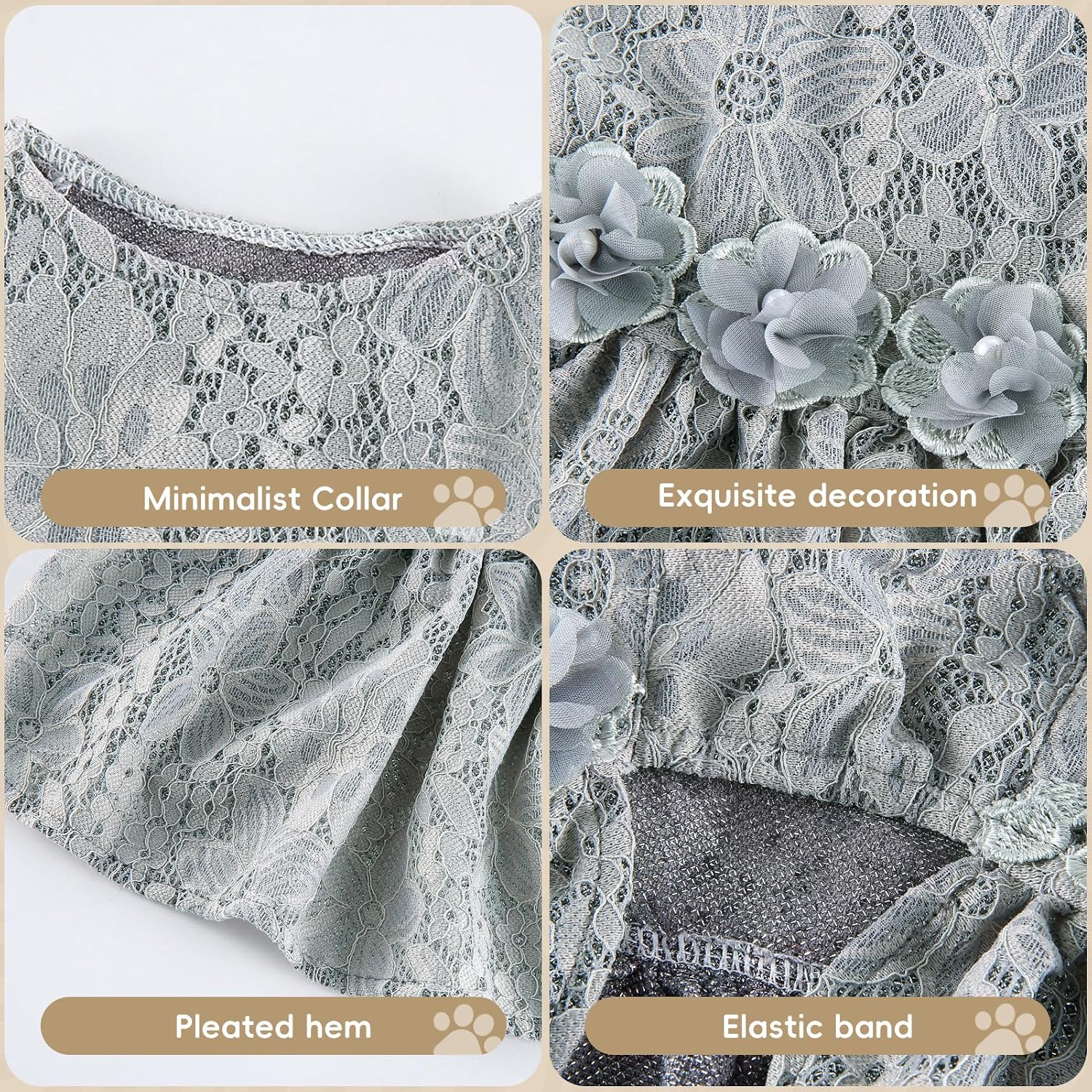 Fancy Cute Small Dog Dress for Girl - Elegant Lace Pet Dress with Floral Accents Puppy Apparel (Gray, M)