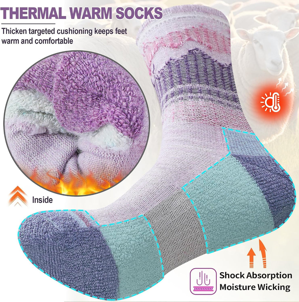 Sandsuced Merino Wool Hiking Warm Socks Thermal Winter Cozy Crew with Cushioned Sole & Moisture Wicking 5 Pairs for Women