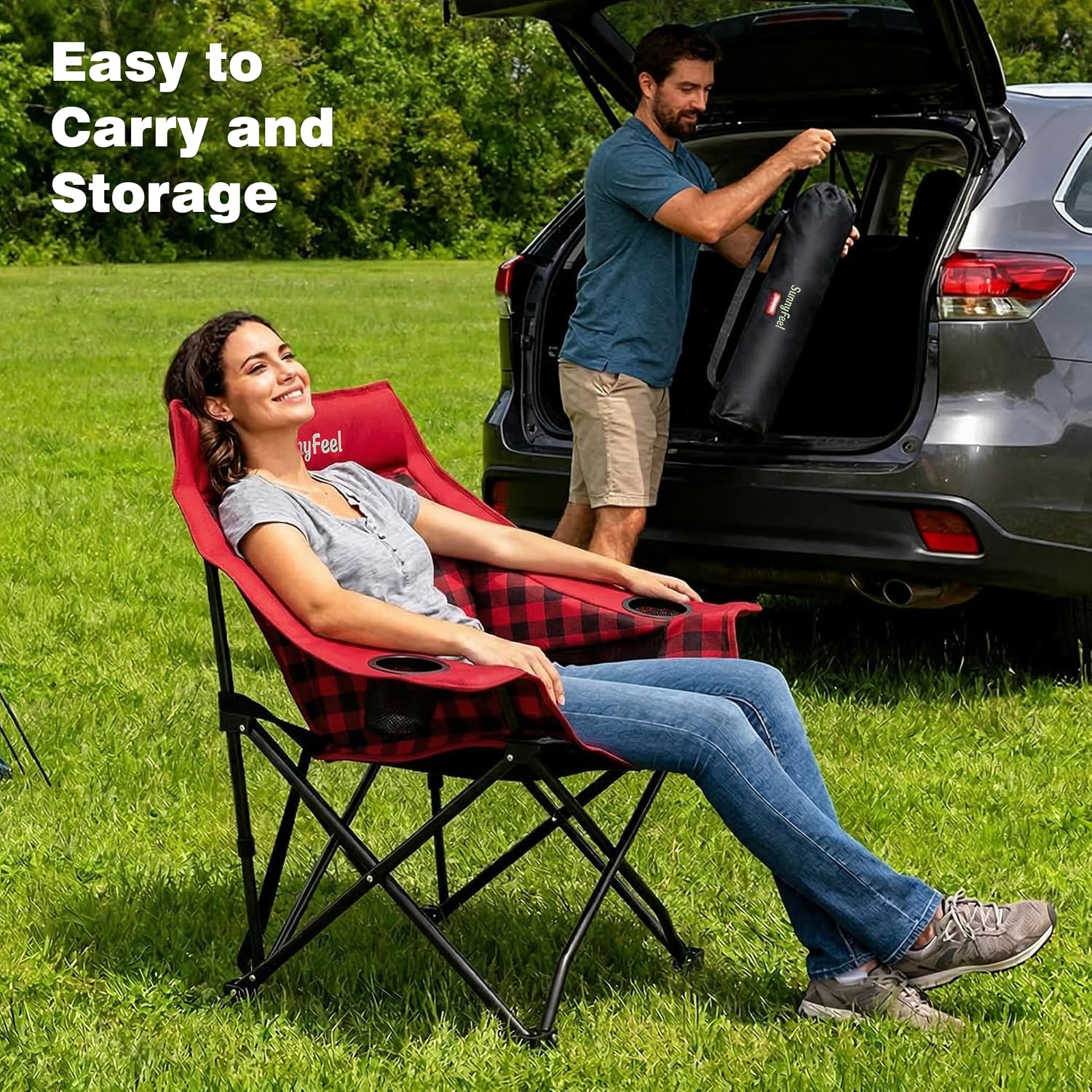 SUNNYFEEL Padded Oversized Camping Chairs for Adults, Heavy Duty Portable Folding Chair with Carry Bag, Side Pockets & Cup Holder, Supports 300 lbs, for Tailgating Hiking Picnic Backyard Red