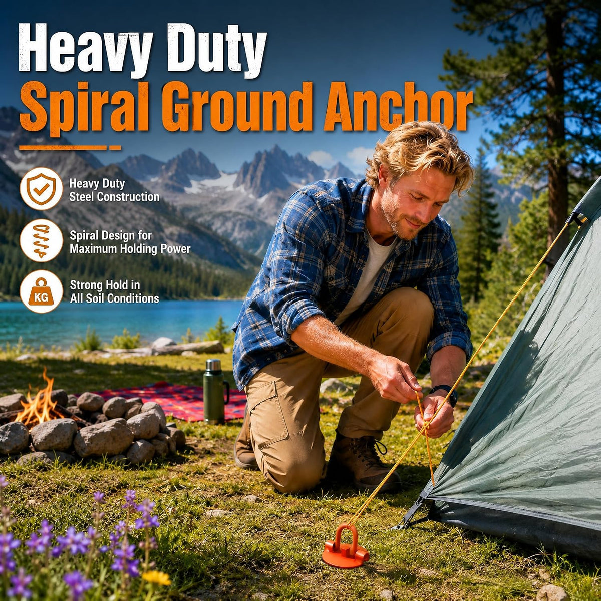 4 Pack Heavy Duty Spiral Ground Anchors with Drill Adapter, 12.4" Screw-in Metal Earth Stakes for Trampolines, Dog Tie Out, Sheds and Tents, Orange