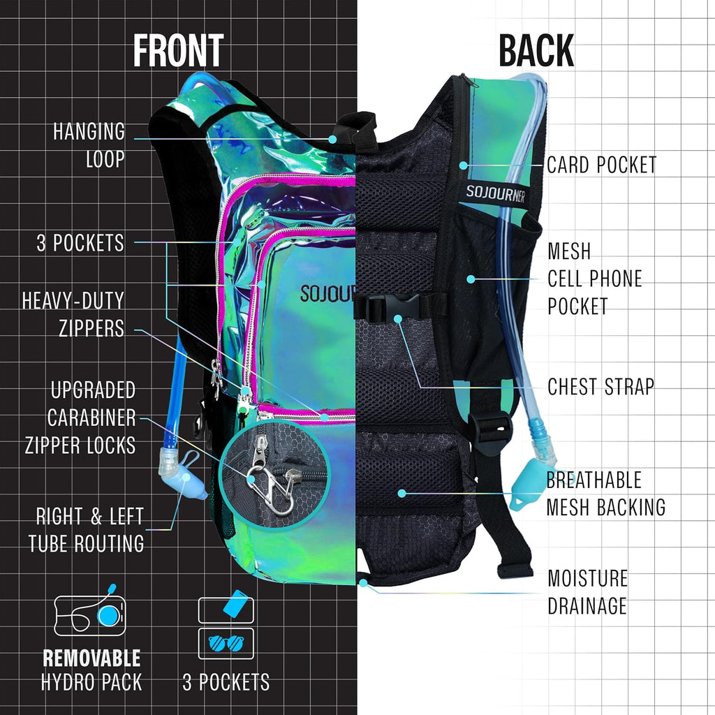 Sojourner Hydration Pack, Hydration Backpack - Water Backpack with 2l Hydration Bladder, Festival Essential - Rave Hydration Pack Hydropack Hydro for Hiking, Running, Biking, Festival Gear