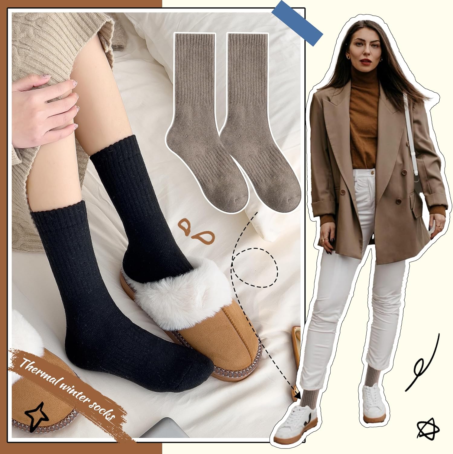 EBMORE 5 Pairs Women Merino Wool Boot Socks Warm Thermal Winter Thick Hiking Cozy Cabin Crew Comfy Socks for Ladies