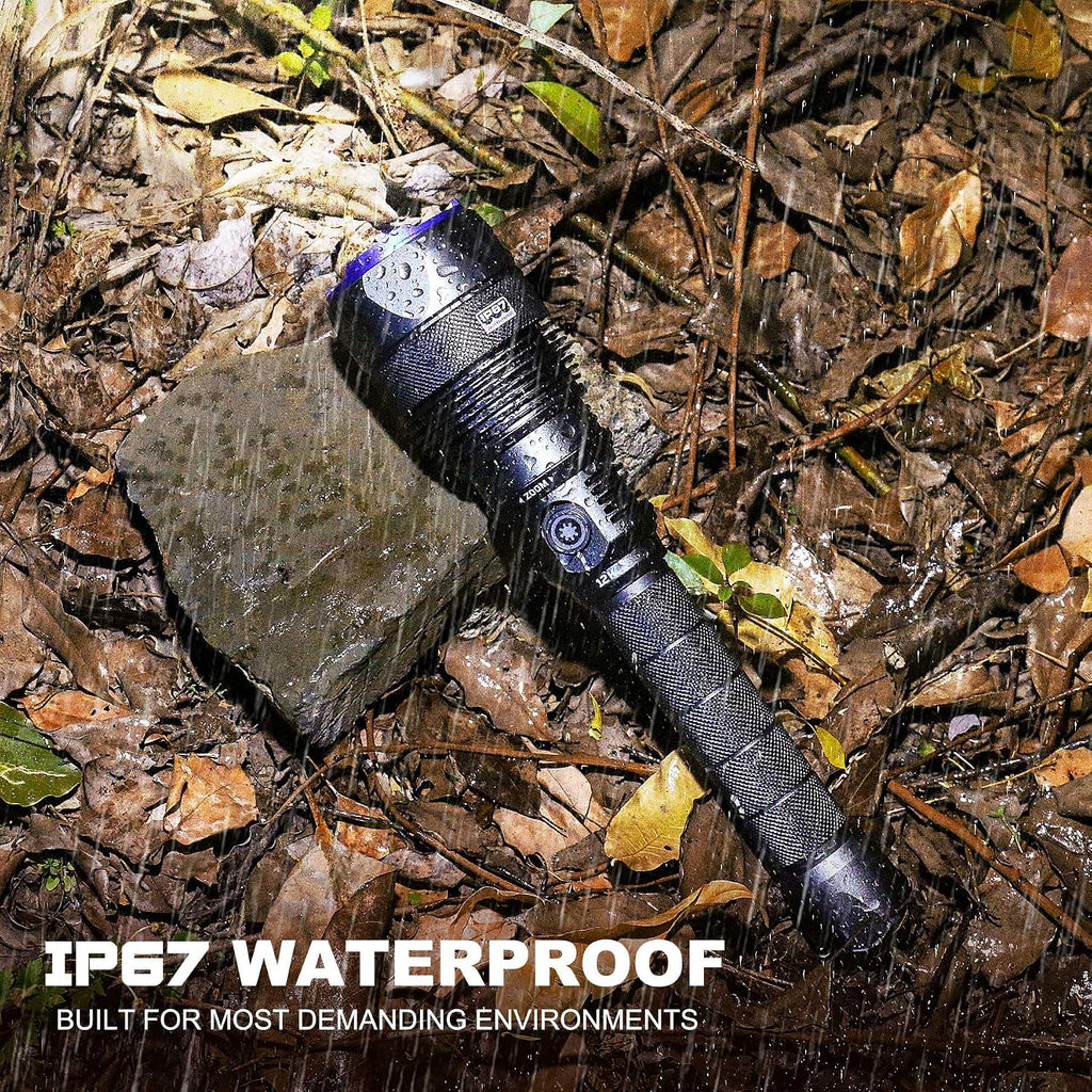 HAUTMEC Rechargeable Flashlights 12000 High Lumens Flashlight, 5 Light Modes Bright Flashlight, 2X Zoom, IP67 Waterproof & Impact-Resistant, and Power Bank, for Emergencies, Hunting, Camping, Hiking