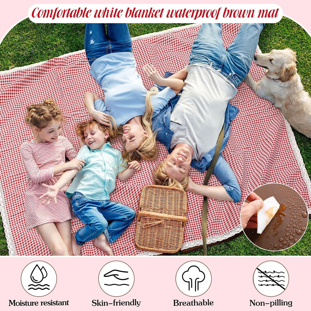 VitalCozy Gingham Picnic Blankets 59x78 in Outdoor Waterproof, Red White