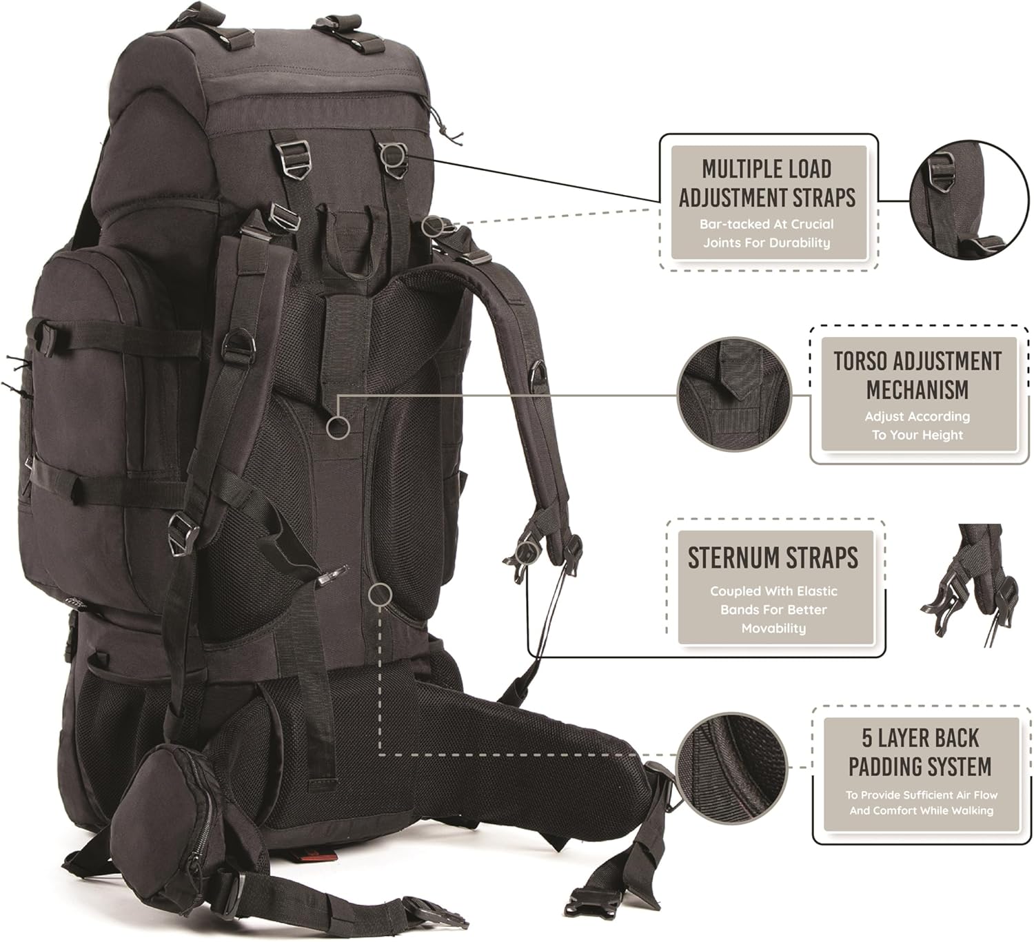 TRIPOLE Colonel 80 Litres Internal Frame Trekking and Hiking Rucksack + Detachable Day Pack, Rain Cover, Black | Tactical Backpack, Internal Frame Rucksack, Detachable Day Pack, Rain Cover, For Trekking And Hiking