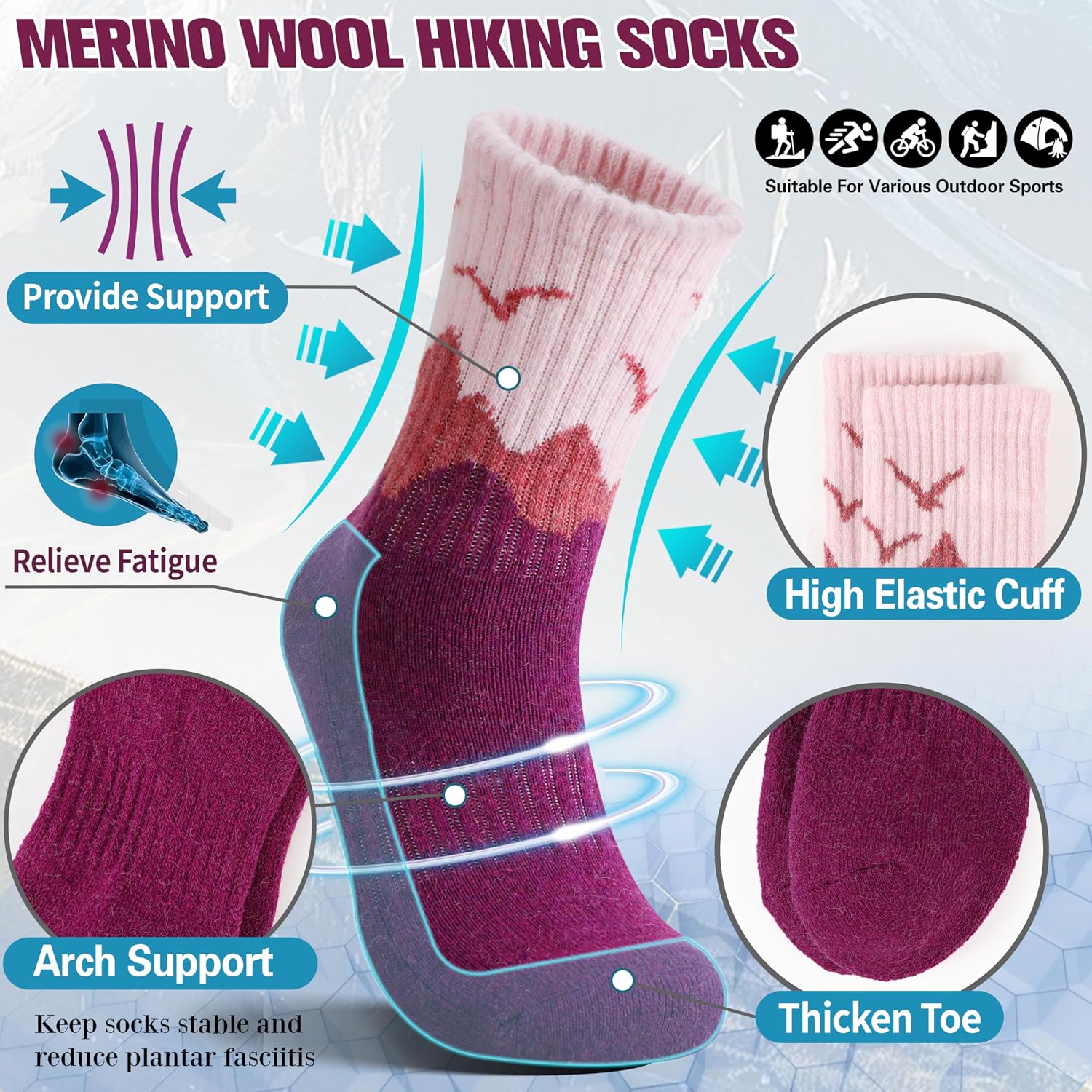 EBMORE 5 Pairs Womens Merino Wool Hiking Socks Thermal Warm Winter Boot Crew Cushion Work Gift Socks