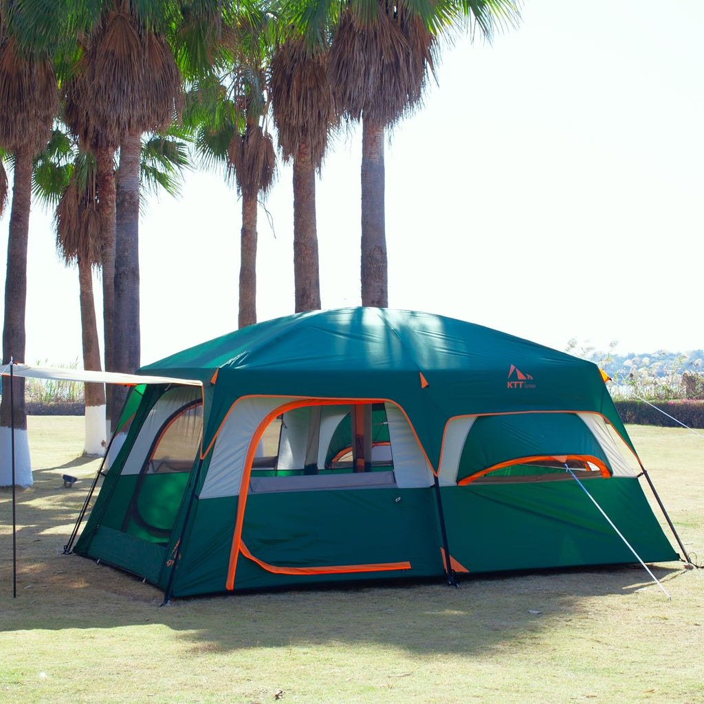KTT Extra Large Tent 10-12 Person,Family Cabin Tents,2 Rooms,3 Doors and 3 Windows with Mesh,Straight Wall,Waterproof,Double Layer,Big Tent for Outdoor,Picnic,Camping,Family Gathering