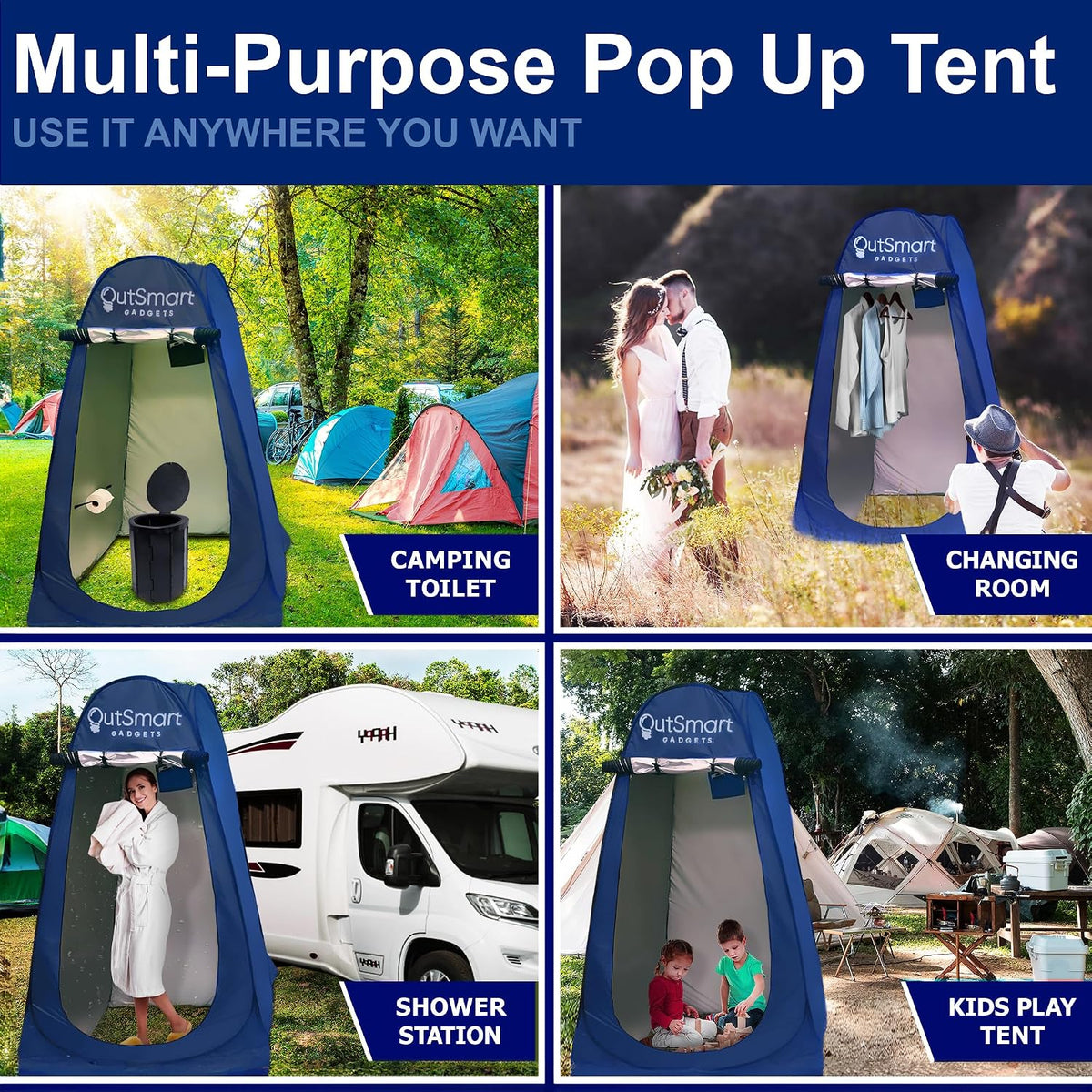 Outsmart Gadgets Outdoor Portable Toilet Set for Adults with Camping Night Lantern, Folding XL Toilet, Pop Up Privacy Tent and Carry Bags, Multipurpose Potty, Washable and Foldable for RV Travel