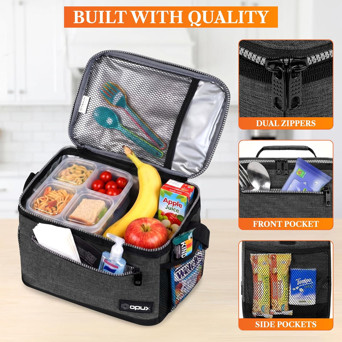opux Insulated Lunch Bag for Men Women, Leakproof Kids Lunch Box, Charcoal