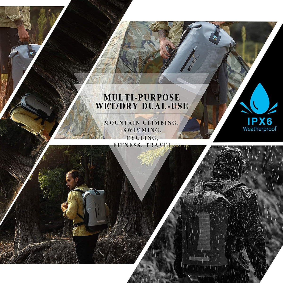 dry Waterproof Backpack and Dry Bag 20L/30L/40L, Floating Bag for Men, Kayak, Gray, 30L, Hiking Backpack