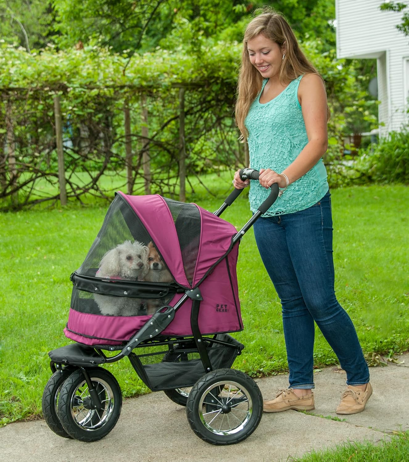 Pet Gear No-Zip Double Pet Stroller, Berry